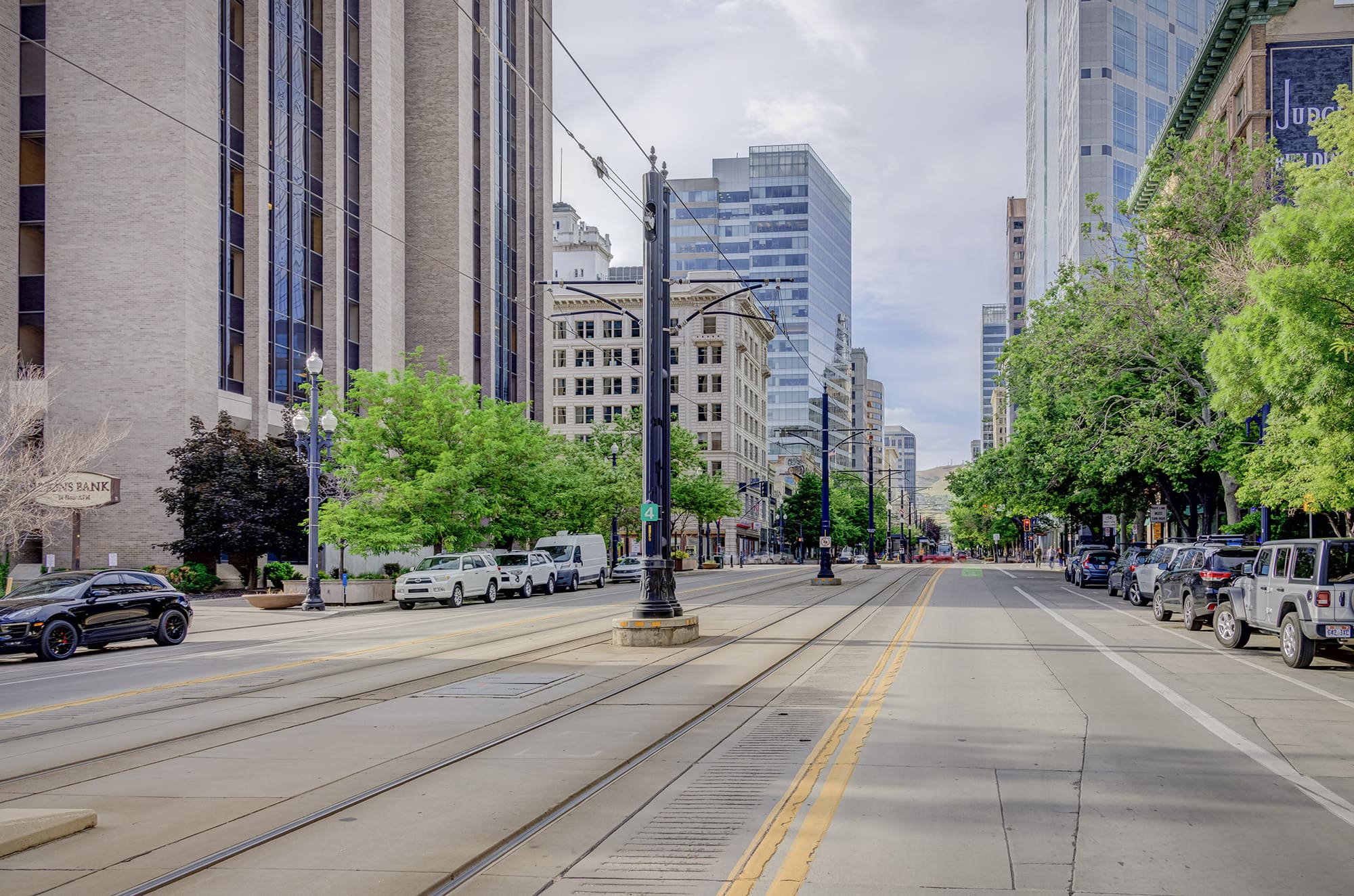 Street view of downtown SLC and Astra Tower apartments