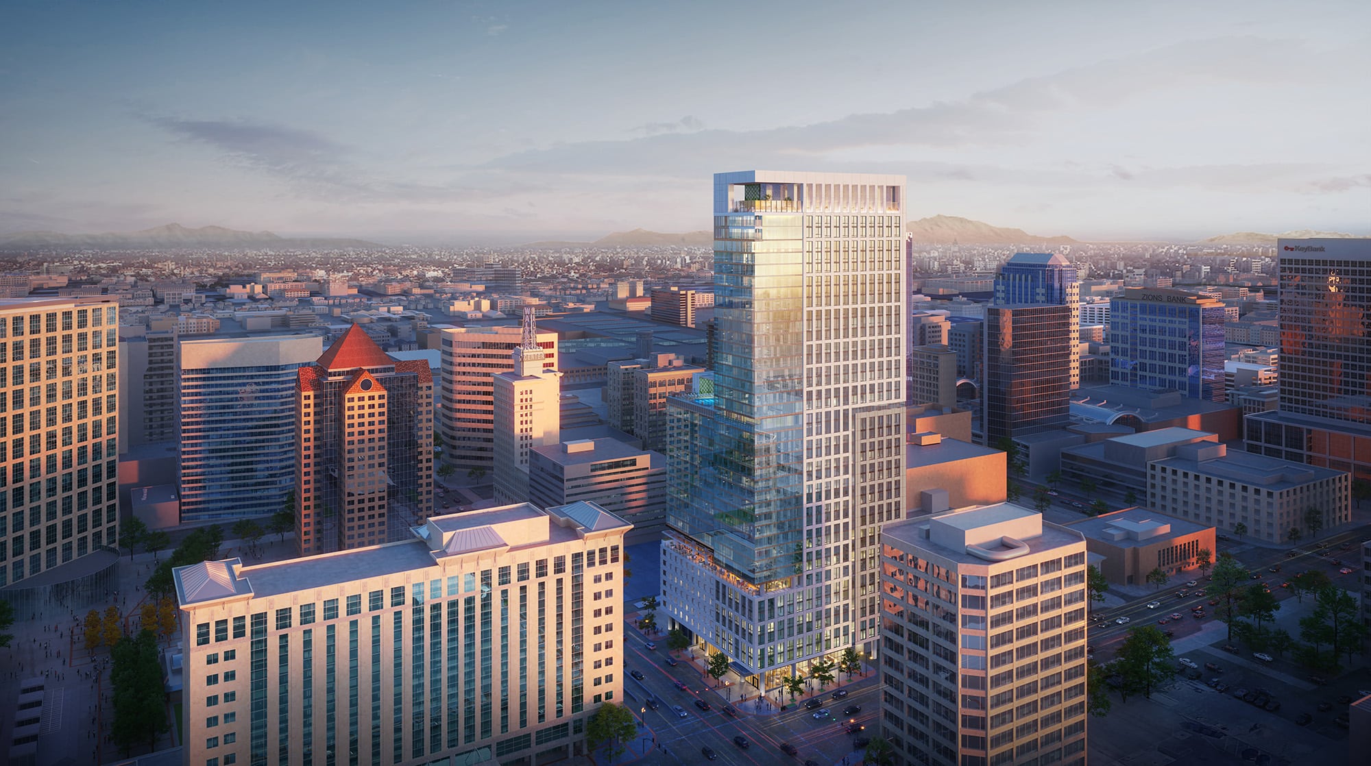 Aerial view of Astra Tower luxury apartments in Salt Lake City